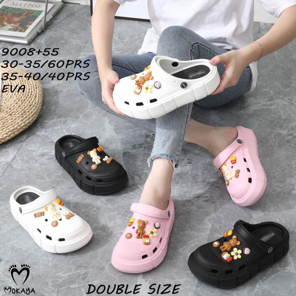 Sandal Let Crocs Bakpao Kodok Baim Fuji Eva Wanita dan Anak Jibbitz Platform Tebal Super Trendy Kekinian Empuk Import Mokaya / Size 30-35 &amp; 35-40 (9008+55)