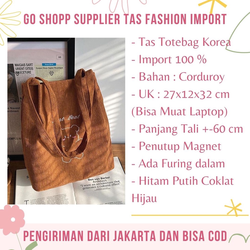 Tas Tote Bag Corduroy Wanita Kuliah Import Fashion Korea Terbaru - Tas Bahu Totebag Aesthetic Kekinian TE08