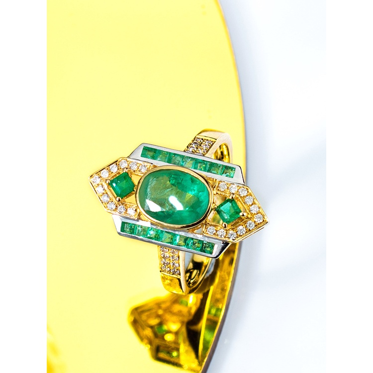 Goldkingdom Perhiasan Fashion Emas Asli Kadar 375 Bangkok Aksesoris Ready Stock Klasik Art Deco Style Suit Emerald Pendant Cincin Berlian Hijau Anting