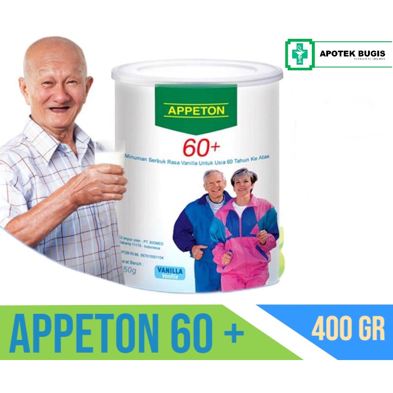 APPETON 60+ / Susu Lansia (Vanilla) 400 Gram  EXPIRY DATE: MARET 2024  *****STOK READY DAN SELALU DIUPDATE TIAP MINGGU*****  Manfaat : - Mengkonsumsi 2 atau 3 kali sehari Appeton 60+ akan membantu lansia (orang tua) memenuhi kebutuhan tenaga mereka &amp; menj