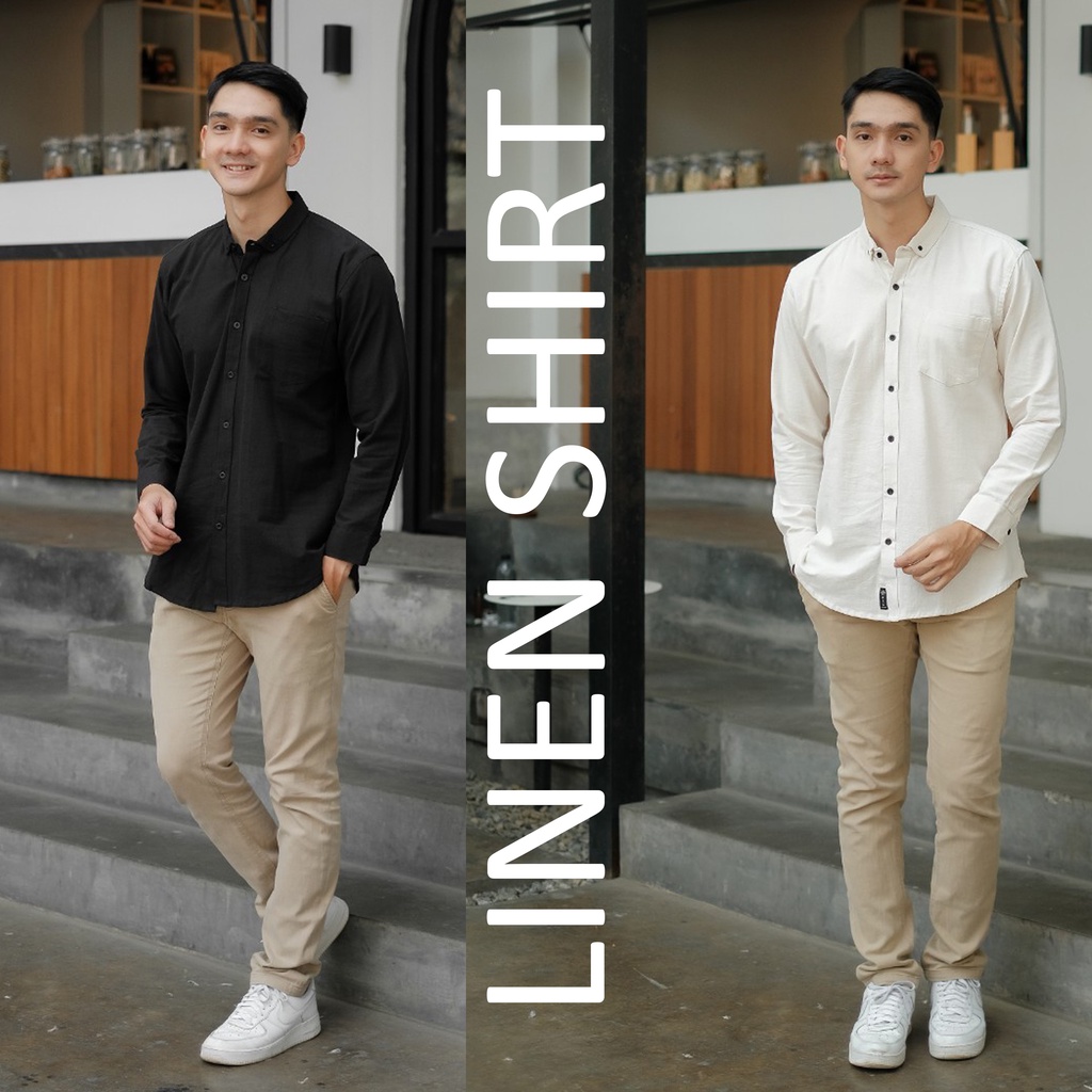 Baju Kemeja Lengan Panjang Pria Polos Bahan Linen Katun Ukuran M-XL Kasual