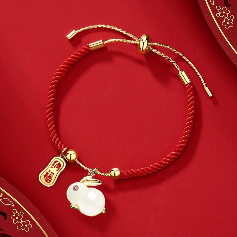 2023 Gelang Tangan Emas 18K Wanita Desain Kelinci Feng Shui Keberuntungan Adjustable Untuk Hadiah Tahun Baru