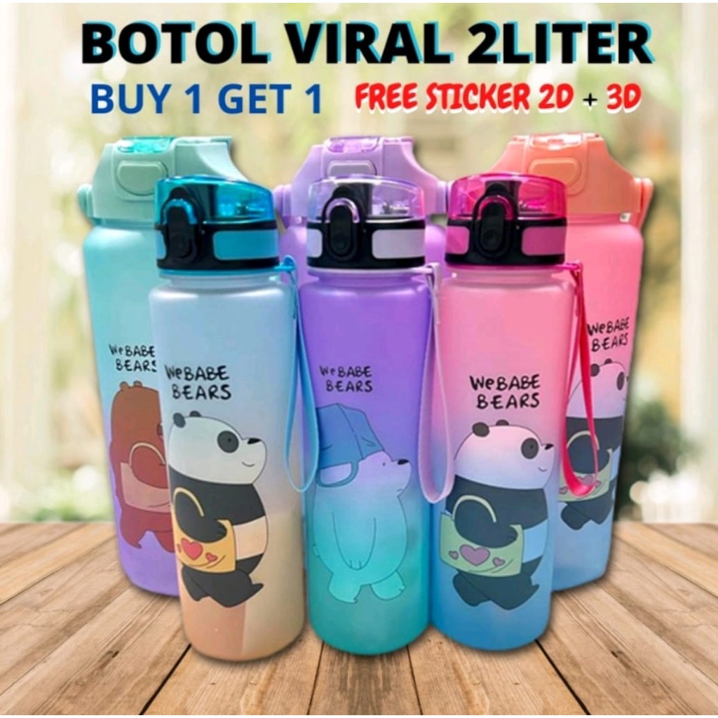 Botol Minum Couple Pasangan + Sticker 2D &amp; 3D Gradasi We Babe Bear 1Set 2 Liter Dan 800ML Food Grade Bebas BPA Dengan Penanda Waktu Webabe Bears-Botol Minum Viral Motivasi 2in1 Botol Minuman Anti Bocor Awet Tahan Lama