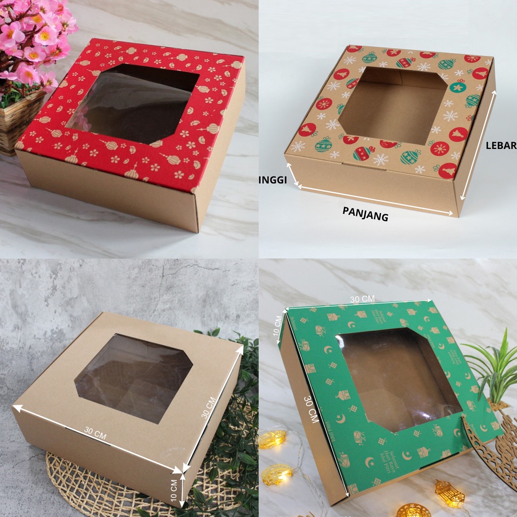 

( 10pcs ) Dus Diecut Mika Polos ukuran 30x30x10 cm Dus Kuker muat 4 toples kue 500gr Box Hampers Hari Raya Lebaran Idul Fitri / Natal Christmas / Imlek Sincia CNY Kotak Kemasan Pudding Kue Kering