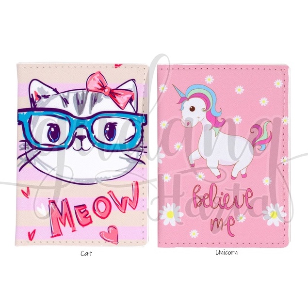 Passport Case Pink Meow Unicorn Tempat Kartu Paspor Cover Kulit Motif Kucing Dan Kuda Poni GH 313307