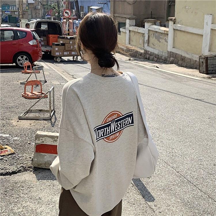 [littlecrab] Sweater Oversize North Western Chicago System Biru Dongker Abu Sweatshirt Sablon Depan Belakang Berkualitas Crewneck Couple Unisex Korean Style