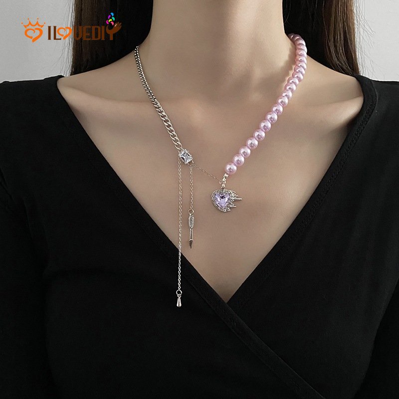 Kalung Rantai Klavikula Hias Liontin Hati Mutiara Zircon Berlian Imitasi Warna Ungu Gaya Korea Untuk Wanita