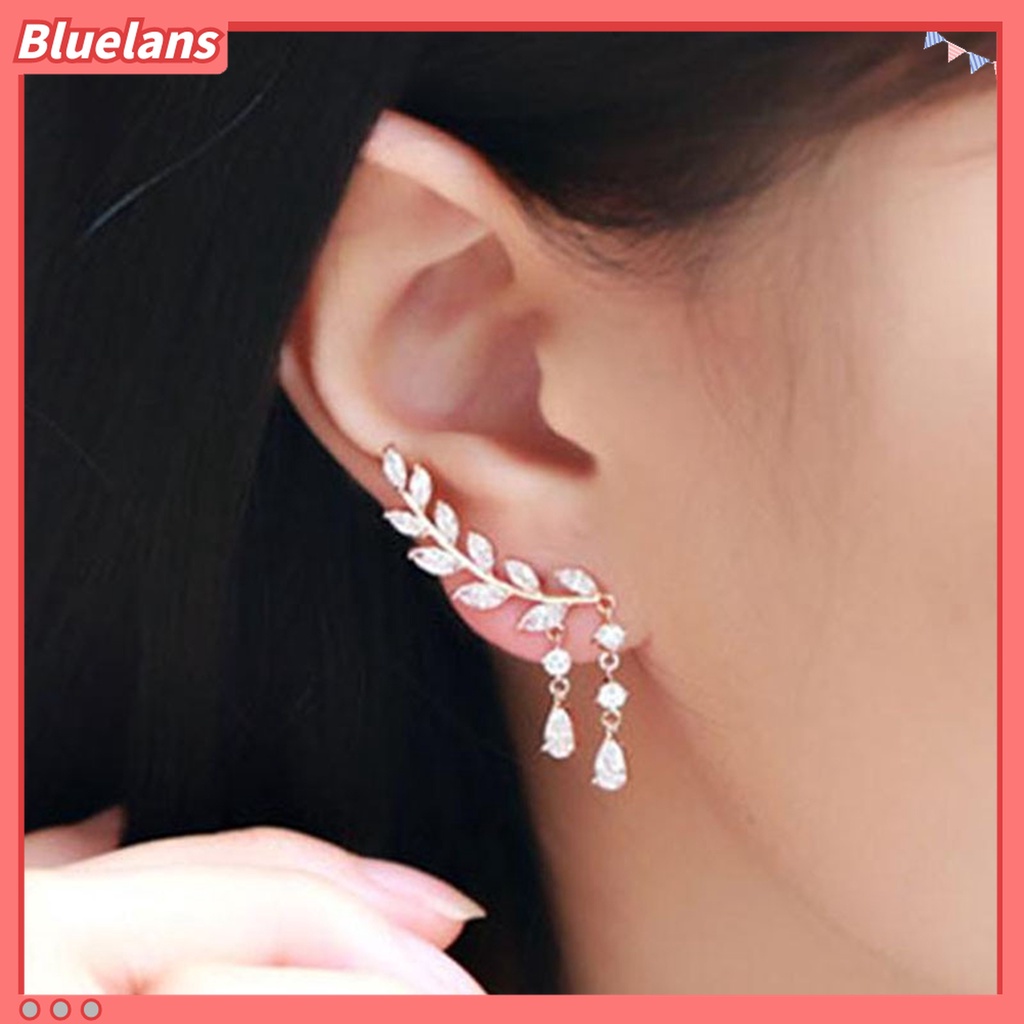 Anting Stud Desain Daun Aksen Berlian Imitasi Untuk Wanita