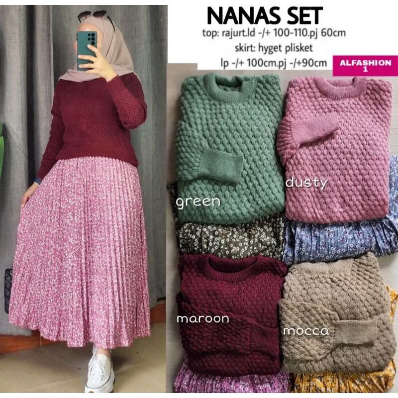 NEW SETELAN WANITA ATASAN RAJUT DAN ROK HYGET PLISKET LD 110 NANAS SET