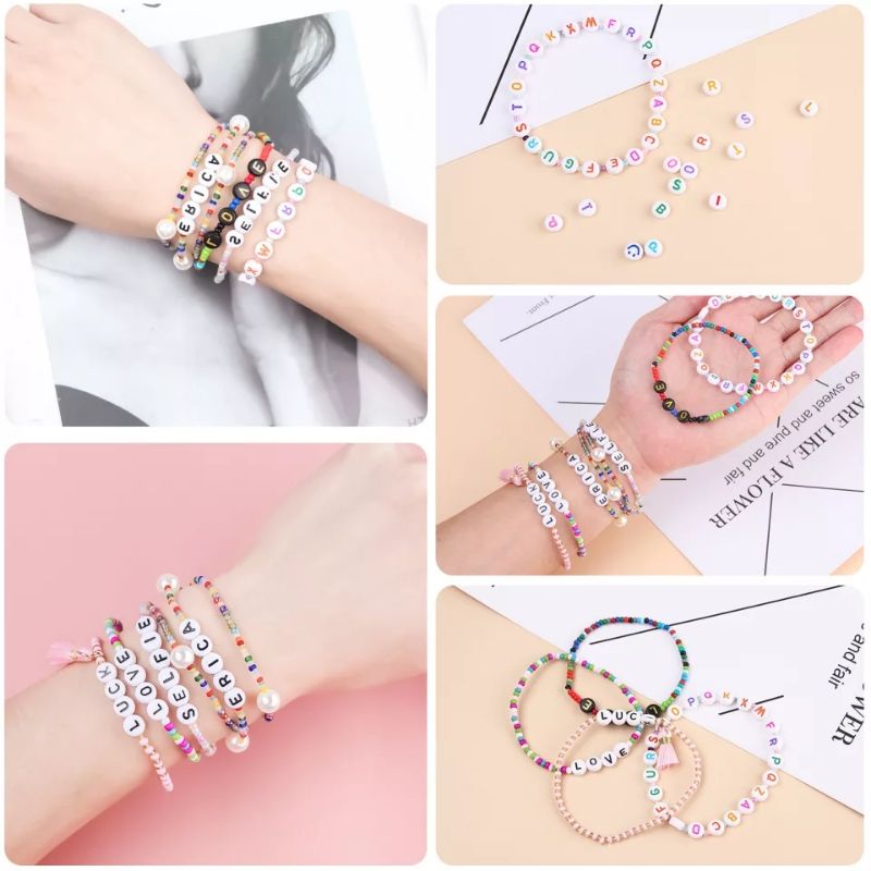 (100 pc)Manik Manik Huruf Bulat Mote Huruf Vokal Bundar Bahan Kerjinan Gelang Kalung Khusus Huruf AIUEO