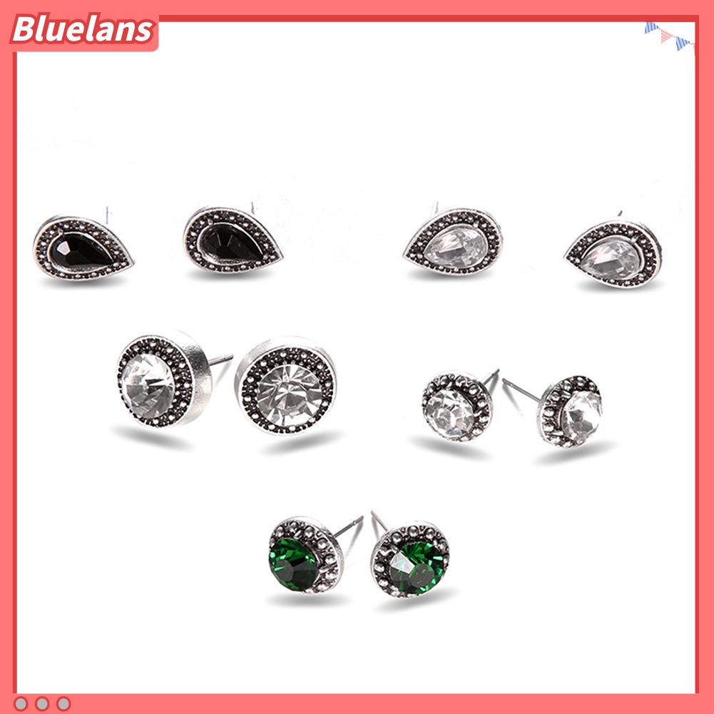 Bluelans 5 Pairs Round Waterdrop Shape Ear Studs Set Women Retro Party Earrings Jewelry