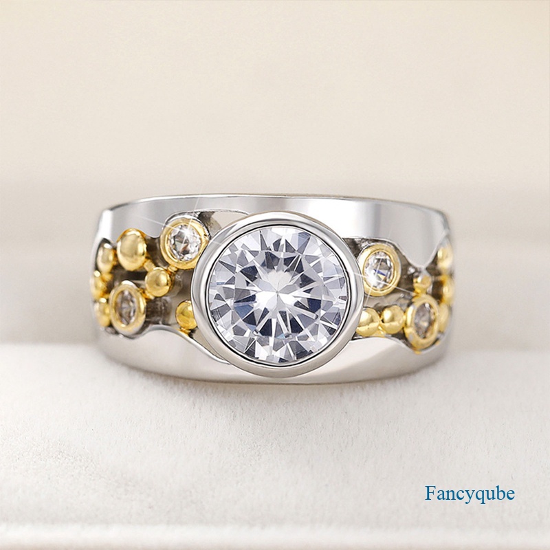 Fancyqube Cincin Desain Bulat Besar Bahan Cubic Zirconia Gaya Vintage Untuk Pria Dan Wanita