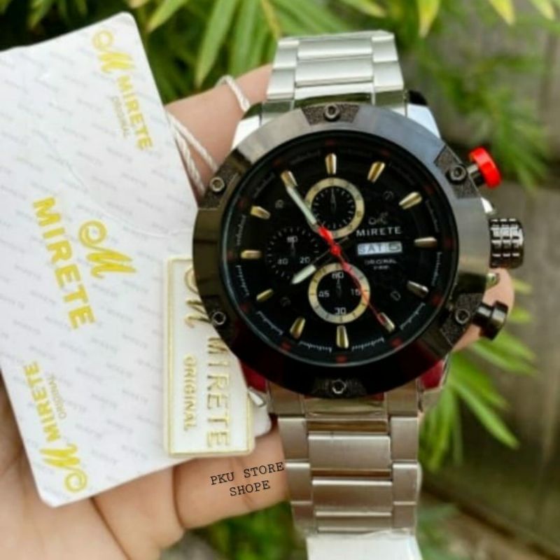 JAM TANGAN PRIA RANTAI STAINLIS STIIL MIRETE WATER RESIATANT 5M / Jam Tangan Pria Anti Air Free Box Jam Tangan Kasual Pria Fitur Tanggal Hari Import Bestsseller Import Ready Stok / Jam Tangan Cowok Mirete Original Analoq Quart Tahan Air Free Box