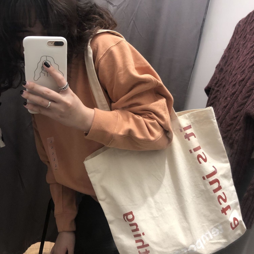 ✕✼▨Sera Musim Semi dan Musim Panas Baru Buatan Sendiri Gaya Korea Kapasitas Besar Tas Bahu Alfabet Tas Kanvas Siswa Wanita Tas Sekolah All-Match Tas Kain