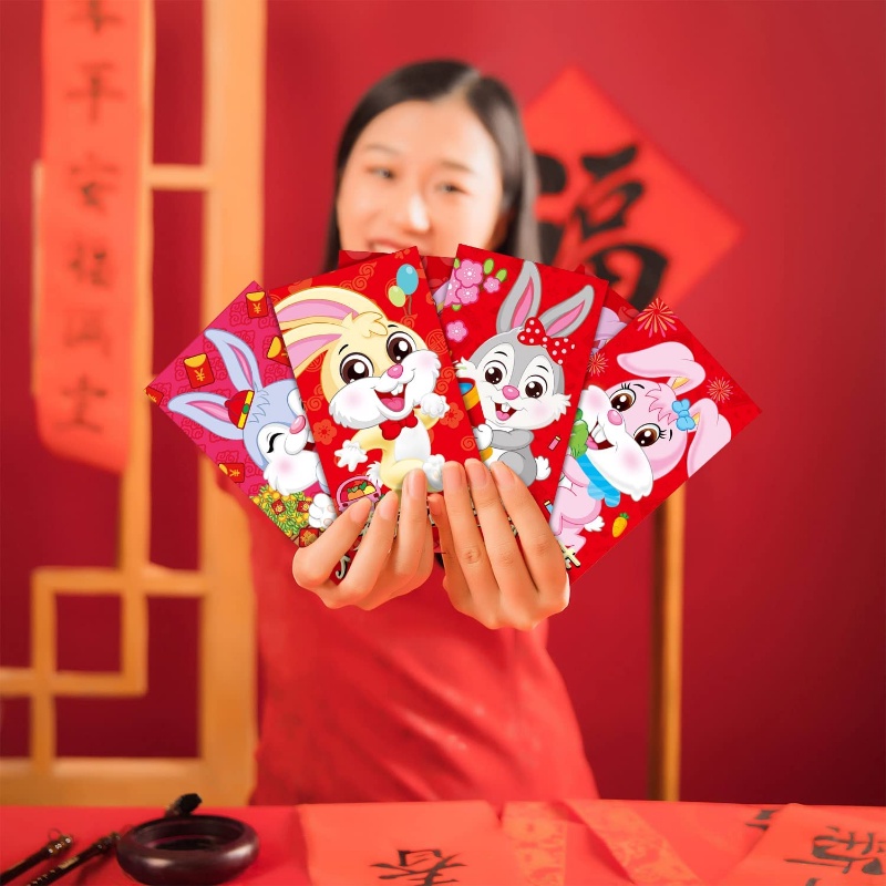 6pcs / Set Amplop Angpao Tahun Baru Cina / Imlek Motif Kartun Kelinci Warna Merah 2023