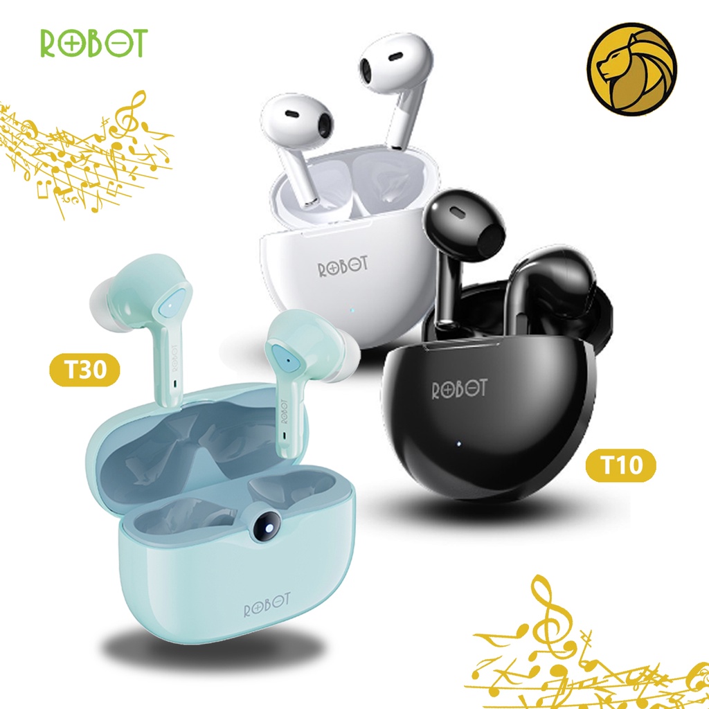 Earphone Bluetooth Robot T30 - Flybuds T10 TWS Handsfree Airbuds Wireless Headset Black