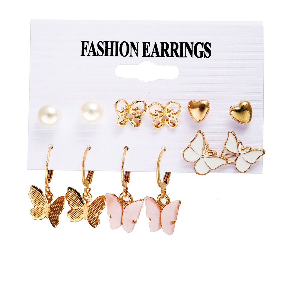 6pcs / set Anting Bentuk Hati Kupu-Kupu Aksen Mutiara Imitasi Warna-Warni Untuk Wanita