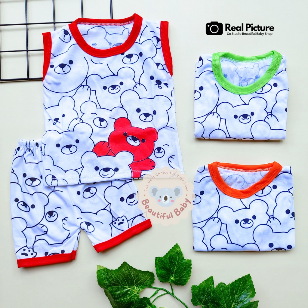 Setelan Baju Bayi Kutung 3-12 Bulan Motif Bear / Setelan Baju Bayi Singlet &amp; Celana Pendek / Kaos Oblong Bayi / Baby.ou