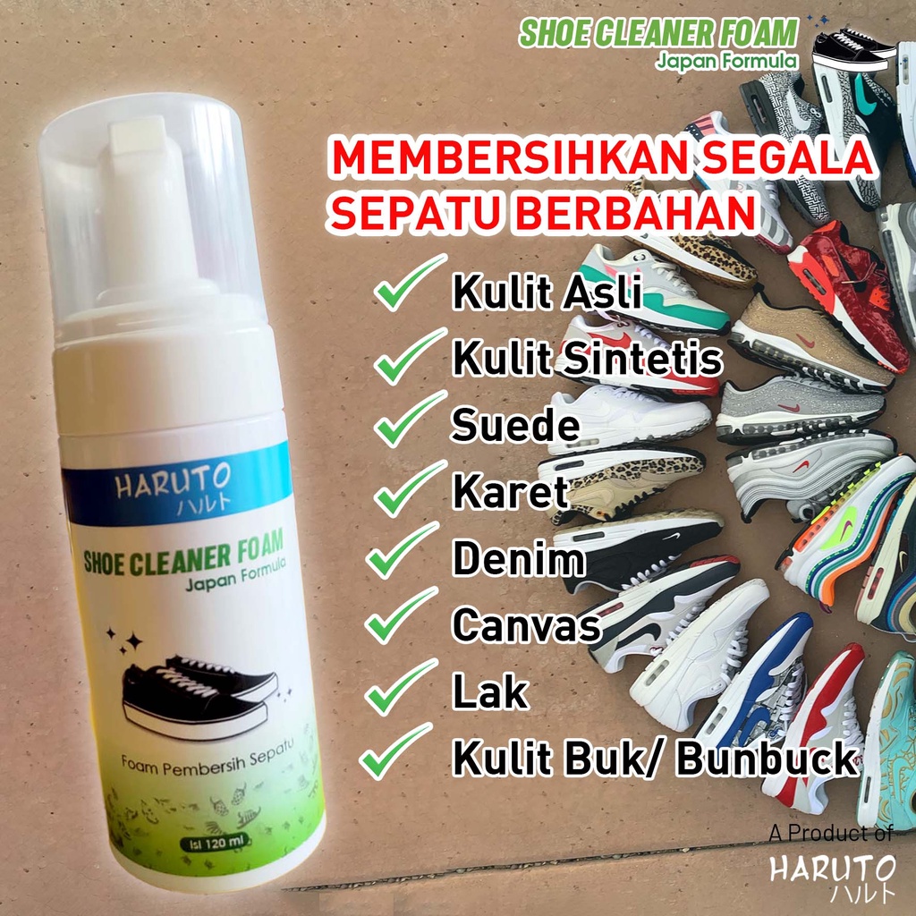 Paket pembersih sepatu Haruto shoe cleaner foam 120ml+shoe perfume+sikat sepatu+kain microfiber lembut uk 30x30