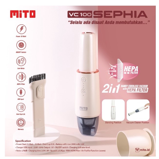 MITO Vacuum Cleaner WIRELESS - Penyedot Debu CORDLESS Portable VC100 Dengan Hepa Filter SEPHIA
