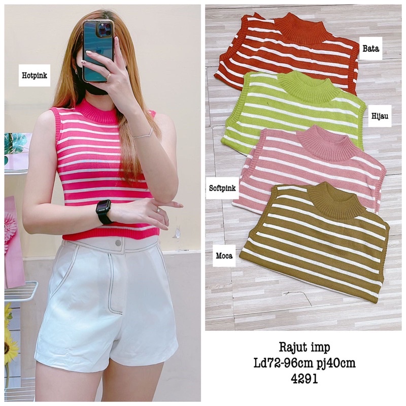 Tanktop Wanita - Atasan knit TURTLENECK - Korean Top Kerah Tinggi Salur