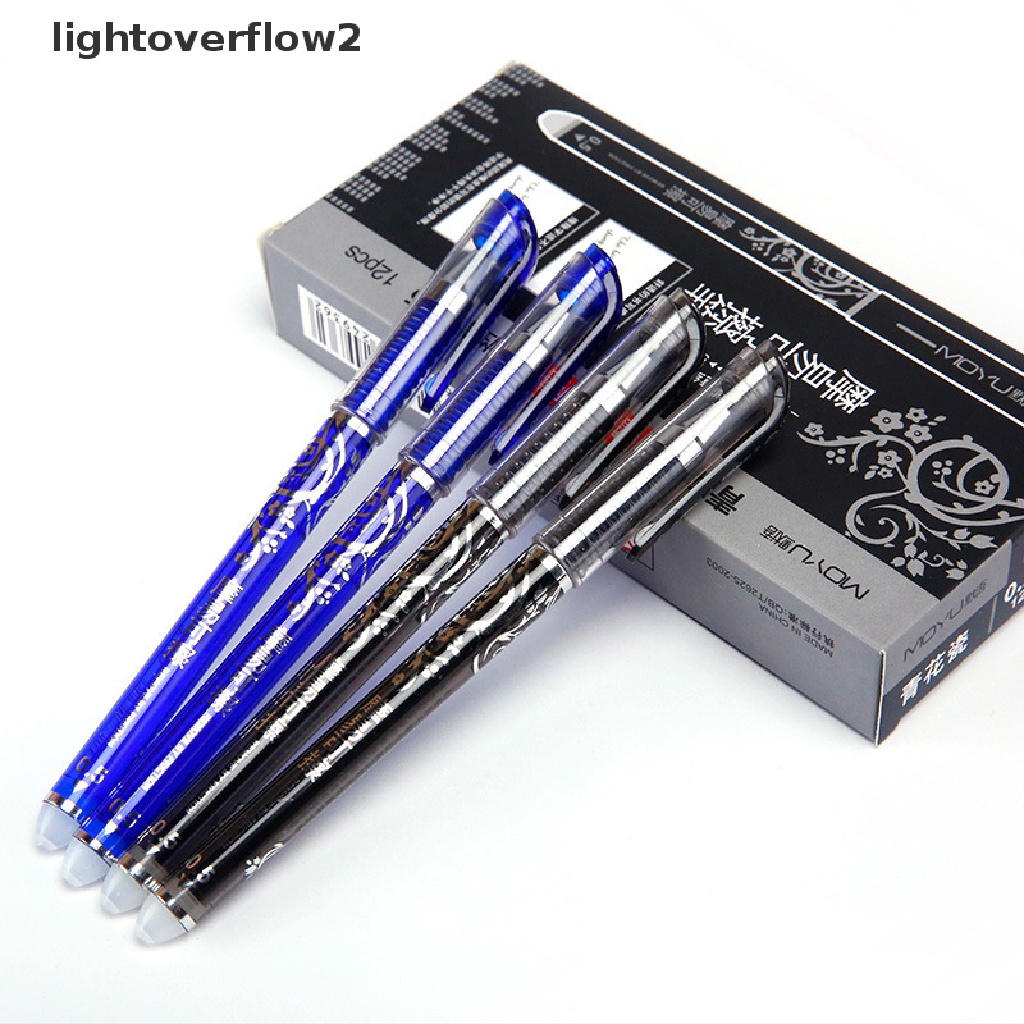 (lightoverflow2) 12pcs / Set Pulpen Gel 0.5mm Tinta Biru / Hitam Bisa Dihapus Untuk Sekolah