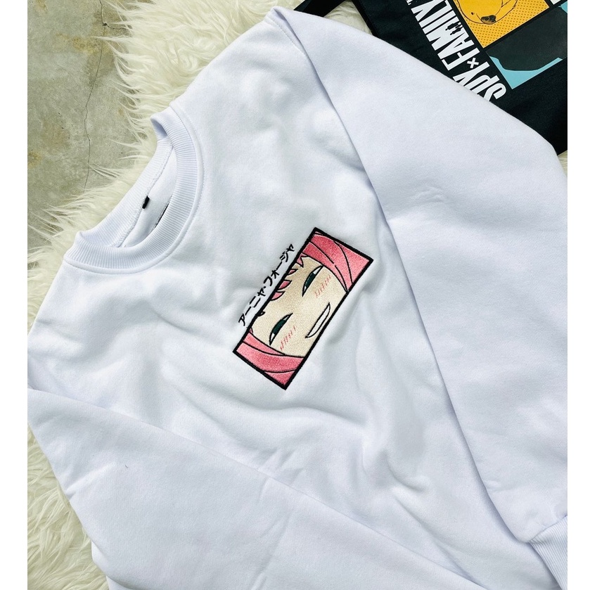 Crewneck Anya Smirk Embroidery White Anime Manga Spy X Family Premium Unisex