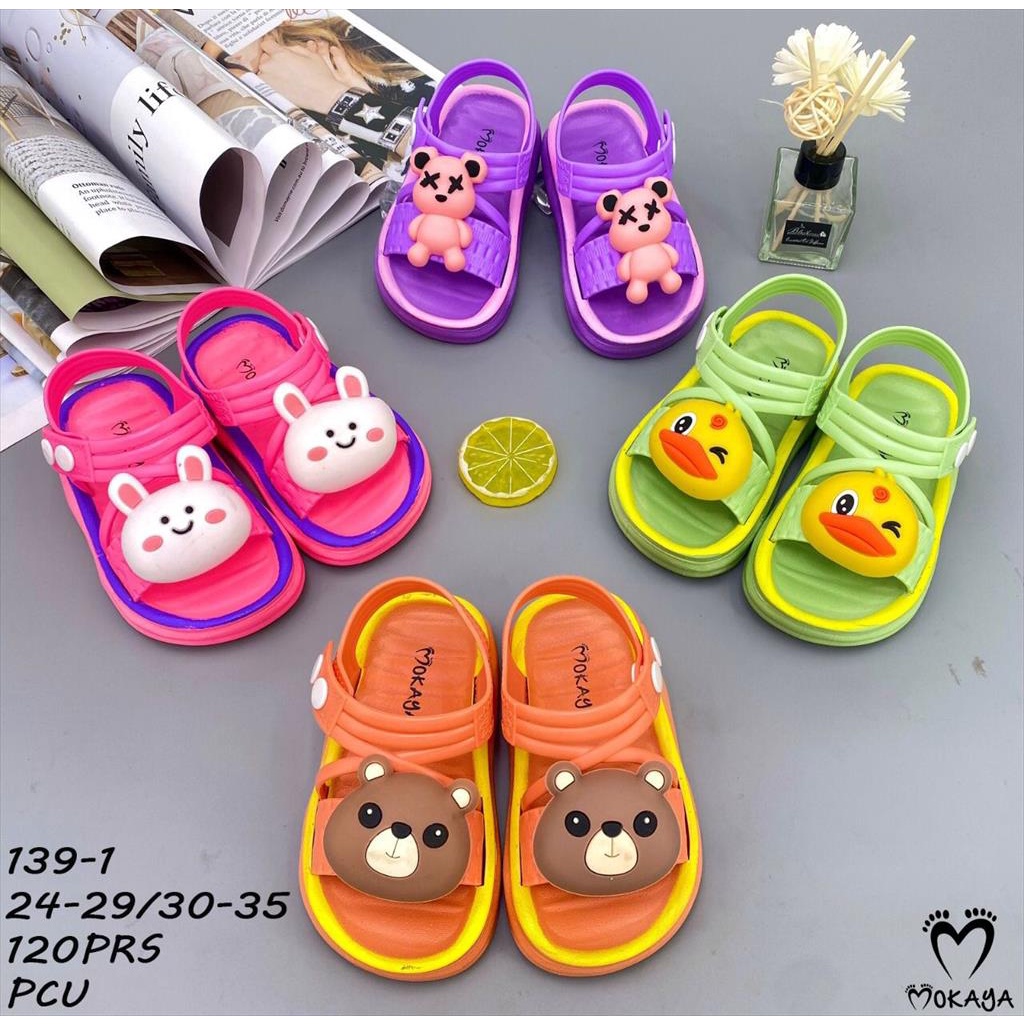 Sandal Let Anak Cewek Cowok Tali Silang Ban Bear Duck Rabbit &amp; Pita Super Empuk Lucu Imut Kiyowo Keren Trendy Import Mokaya / Size 24-29 (139-1 &amp; 139-2)