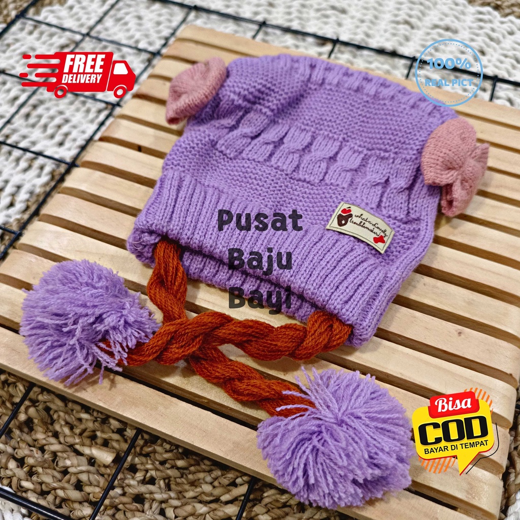 Topi Bayi Perempuan Premium Rajut Pompom Model Kepang / Topi Rajut Premium Baby Girl model Kepang Termurah