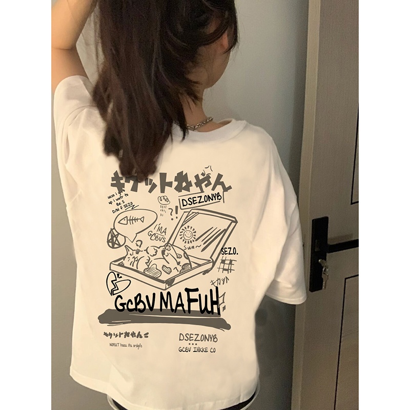 EUNII T-shirt Lengan Pendek Imut Pizza Kucing Pencetakan Longgar Korean Style/Kaos Atasan Wanita/Baju Kaus Oversize Wanita