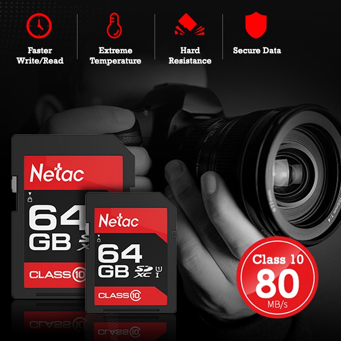 Netac Camera Class 10 SDHC / SDXC 80Mbps SD Card 64GB 32GB TF FAST UHS kartu memori SD kamera kelas 10