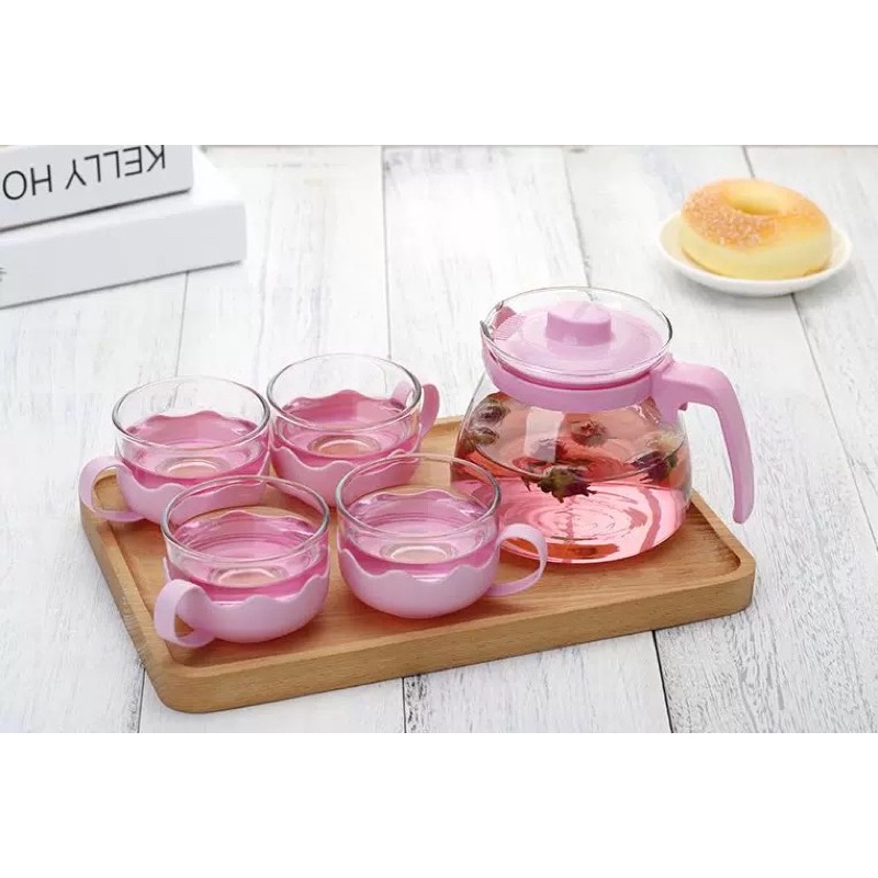 Teko Tea Pot Set 5IN1 Kaca - Tempat Minum Tea Pot Set Dan Gelas - Sounvenir Teko Set Cangkir Kaca