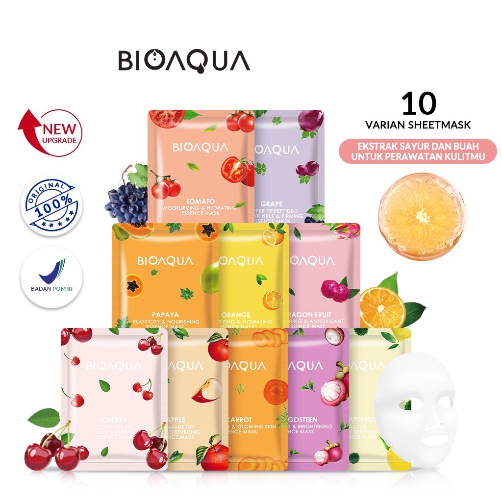 ★ BB ★ BIOAQUA Masker Sheet Mask Vegetables and Fruits Series | Natural Plant Essence Face Mask Masker Naturgo Jerawat/Hydrating/Brightening Masker Wajah BPOM | BIO AQUA