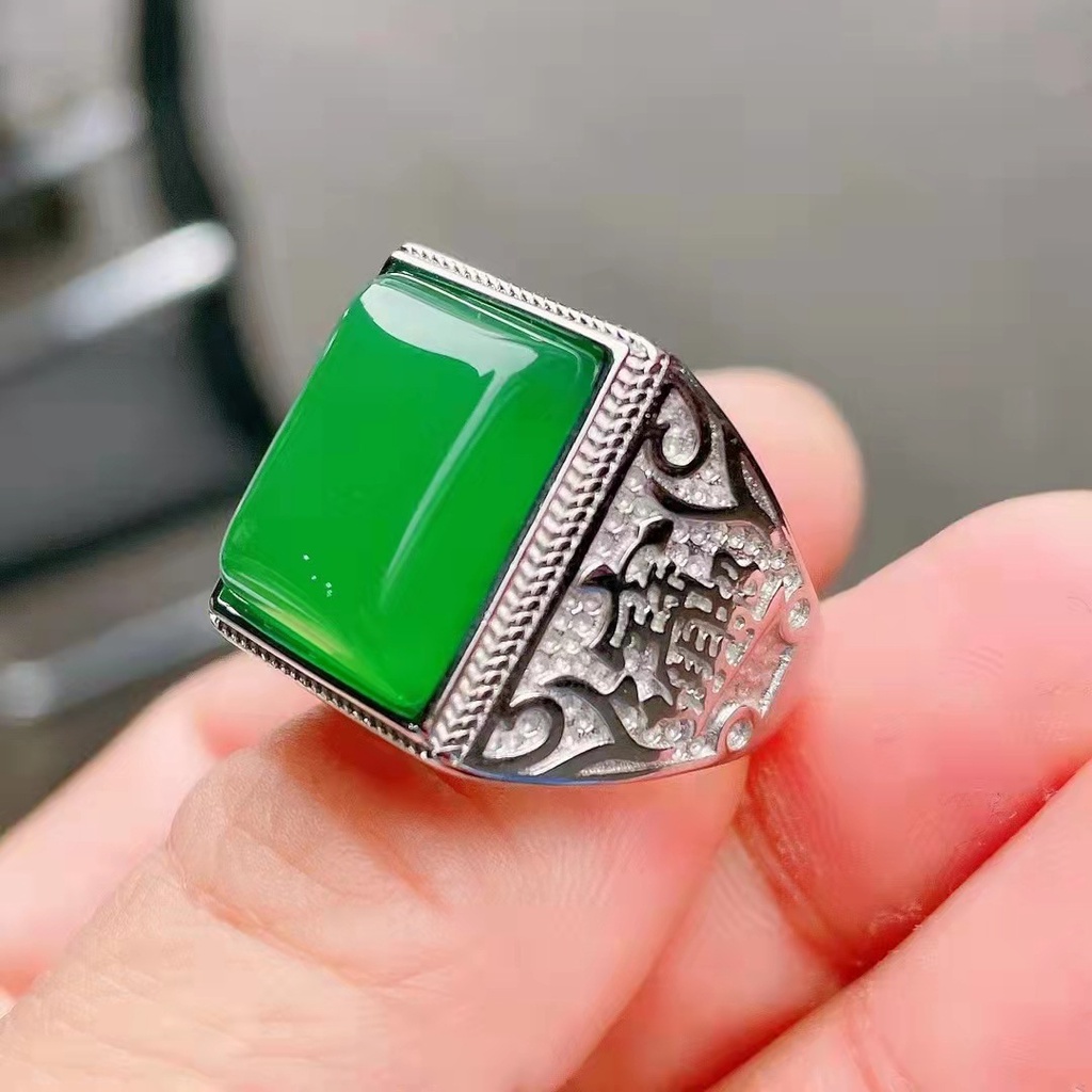 Cincin Batu Permata chalcedony Hijau adjustable Untuk Pria