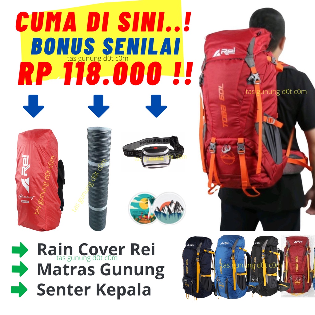 [4 BONUS] Rei 60 Liter | Tas Gunung Carrier Ransel Original Toba