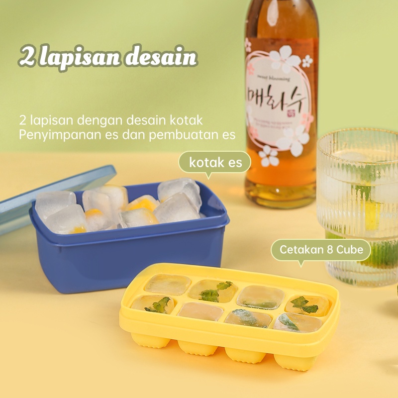 POTE Cetakan Es Batu 8 Tray Silikon Model Tekan Wadah Box Sekop Es Press Type Ice Cube Making Box Ice Storage