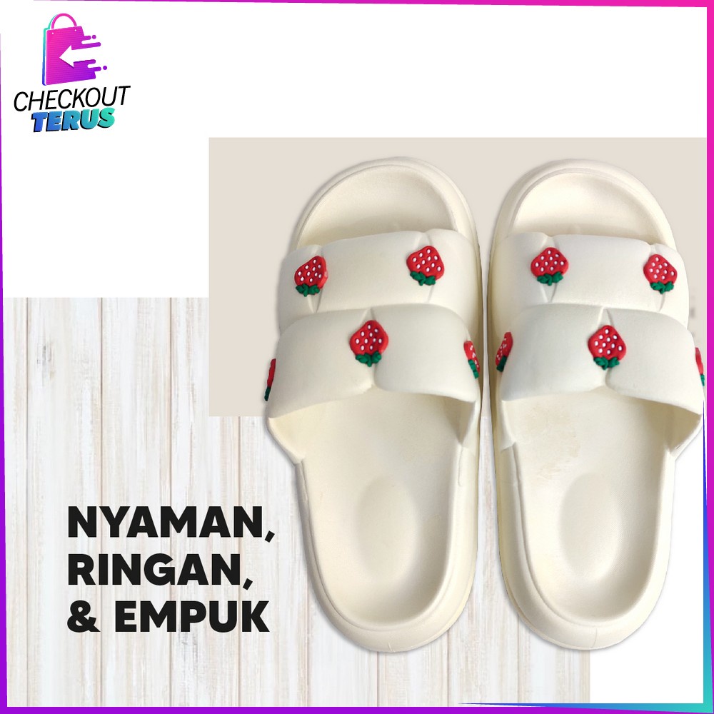 CT S50 Sandal Selop Wanita Bahan PVC Motif Strawberry Korean Style Elastik Empuk Anti Slip Import Sendal Jelly Soft Slipper