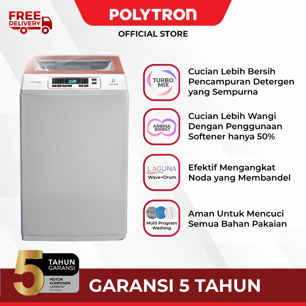 POLYTRON Mesin Cuci 1 Tabung Zeromatic Laguna series Hijab 10 KG - PAW 1028W