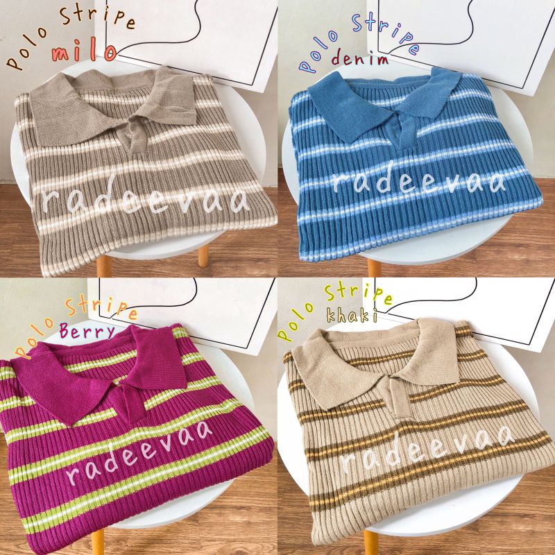 POLO KNIT TOP STRIPE ATASAN RAJUT MOTIF GARIS CROP BLOUSE LEHER KERAH