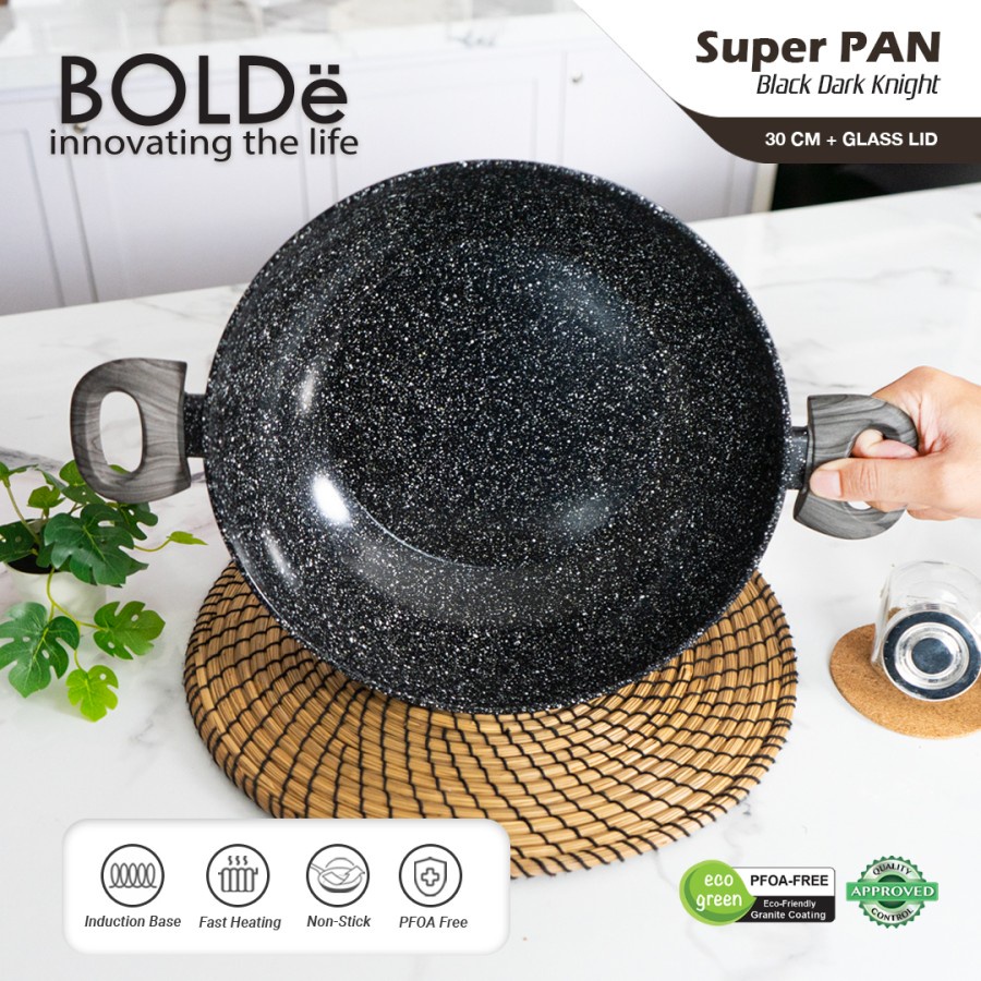 Wajan Tutup Kaca BOLDe Super Pan 2 Ear / Kuping Wok Pan Granite 30 CM + LID Black Dark