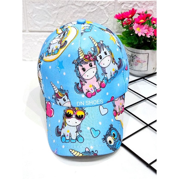 Paket Sepatu Anak Perempuan Topi dan Sepatu Anak Slip On dan Topi Anak Lucu Murah Karakter Unicorn Biru