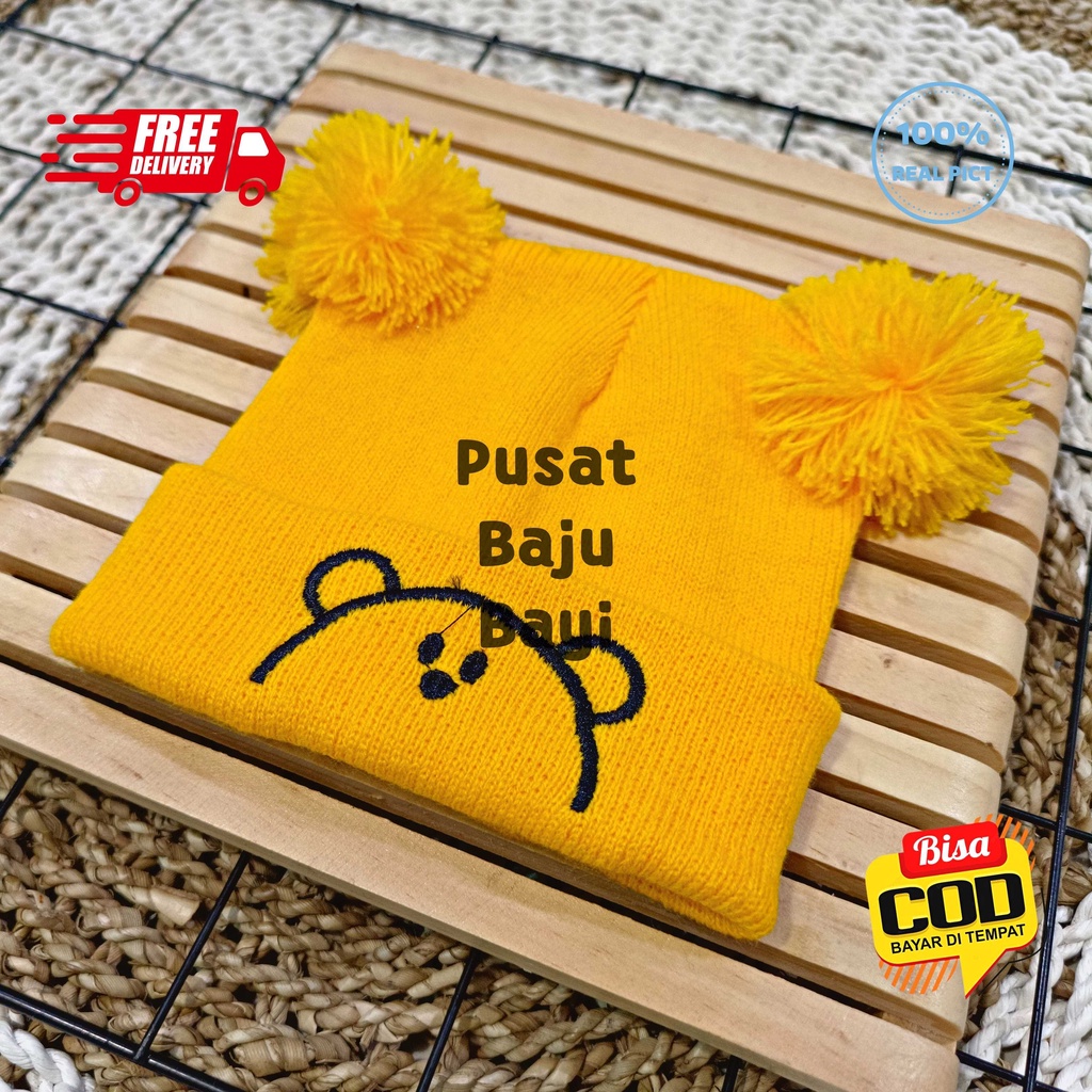 Topi Rajut Kupluk Bayi Pom Pom Premium / Topi Bayi Pom Pom BEAR Anak Laki - Laki Perempuan / Kupluk Baby Pompom BEAR