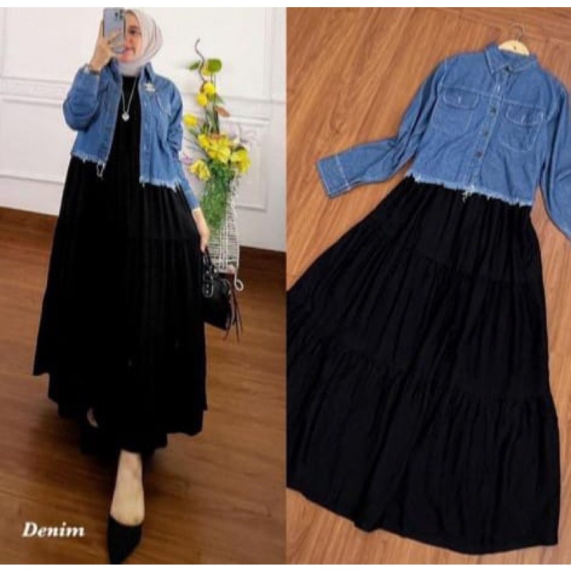 One Set Dres Outher Jaket Jeans Crop Rawis One Set Inner dan Jaket 2022-biru jaket+Inner