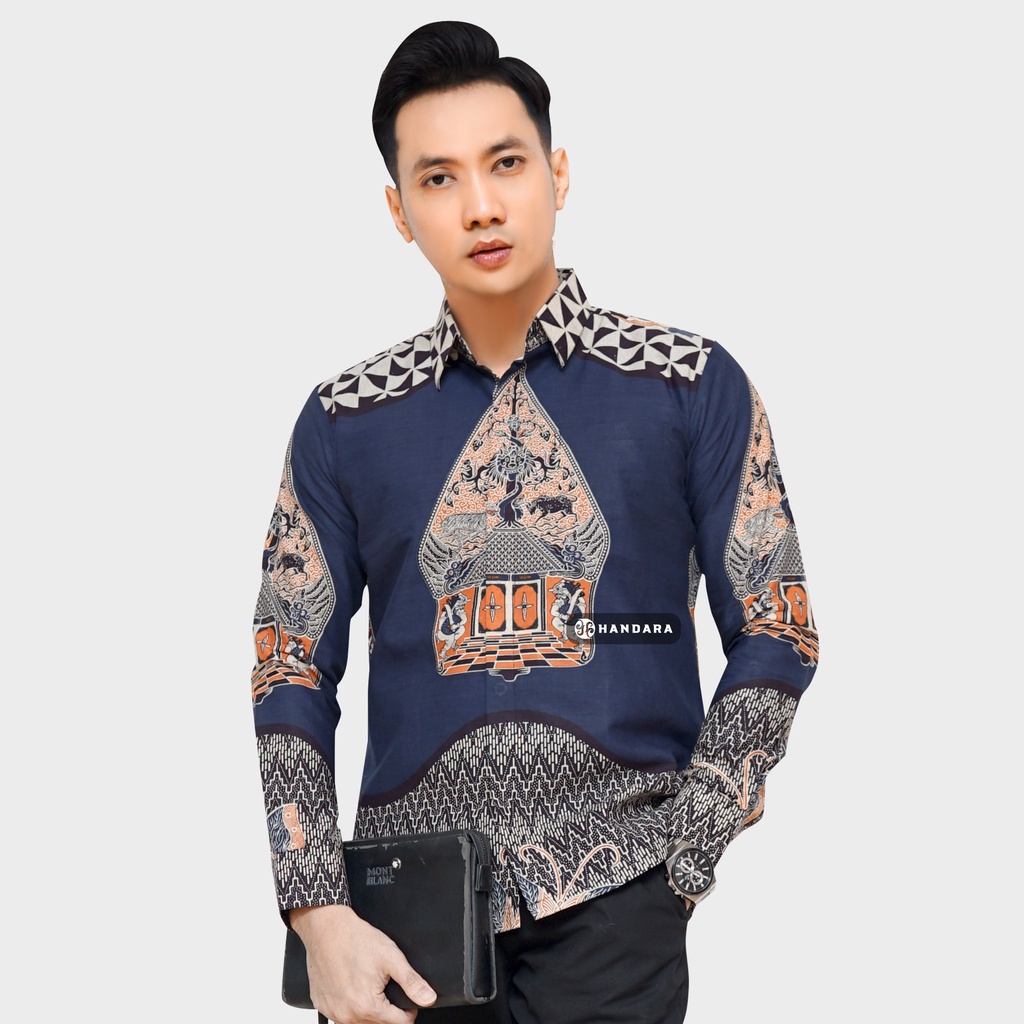 Baju Kemeja Batik Pria Lengan Panjang Slim Fit Premium Modern Full Furing Katun Halus Original Handara Motif Gunungan Sindoro Navy HB-104