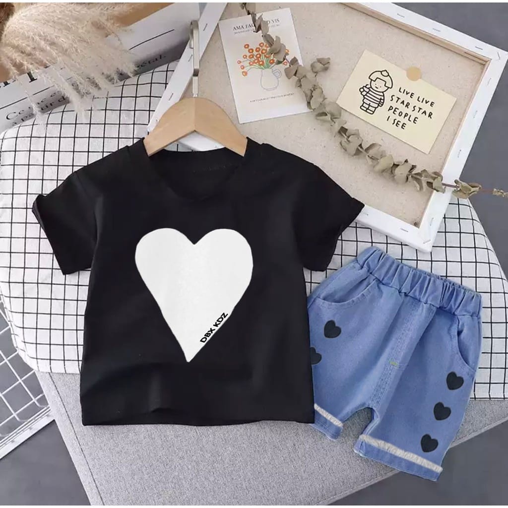 setelan kaos dan celana jeans pendek anak perempuan 1-5tahun /setelan love denim terbaru harga grosir/ootd anak /outfid anak