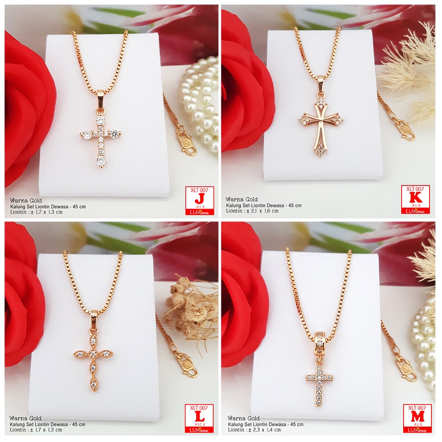 XLT 007  Kalung Set Liontin Salib Kristen Katolik Dengan Permata Sirkon Perhiasan Lapis Emas Imitasi 18K Aksesoris Rohani Salib Corpus Tubuh Yesus Rosario Kalung Xuping 45 cm Luxx Xuping