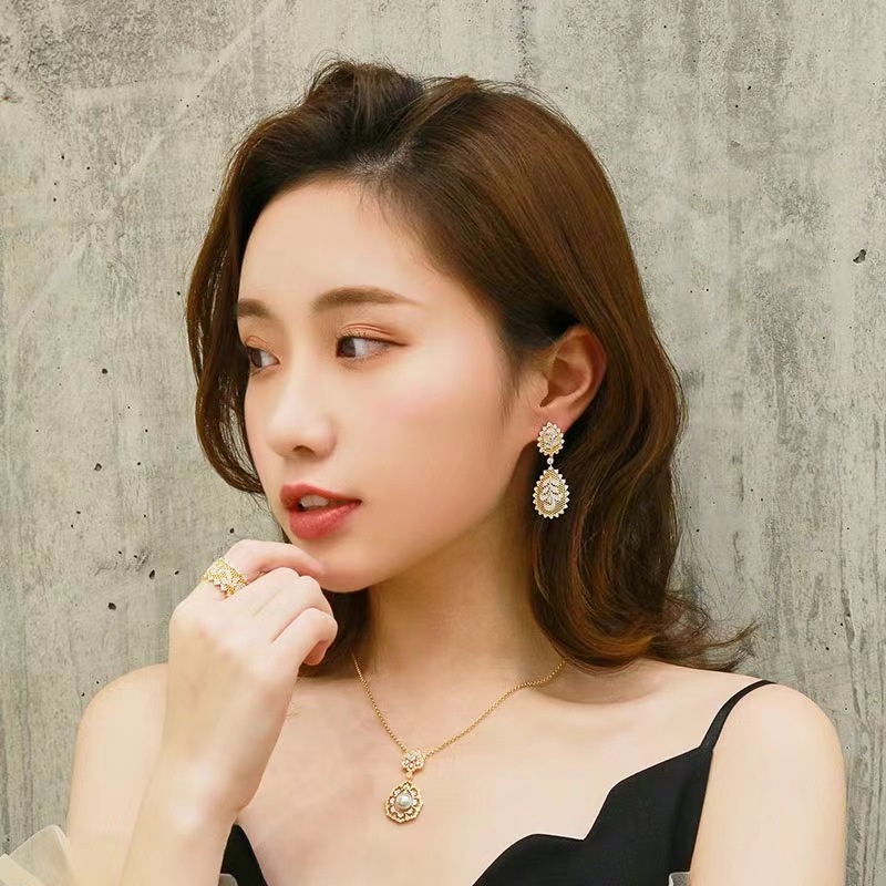 Goldkingdom Perhiasan Fashion Emas Asli Kadar 375 Bangkok Aksesoris Ready Stock Gilt Menenun Ukir Emas Gambar Kerajinan Iris Sarang Lebah Renda Anting Kalung Cincin Set