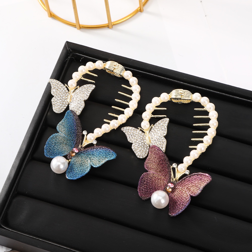Jepit Rambut Bentuk Kupu-Kupu Aksen Mutiara Dan Berlian Imitasi Bahan Alloy Untuk Wanita