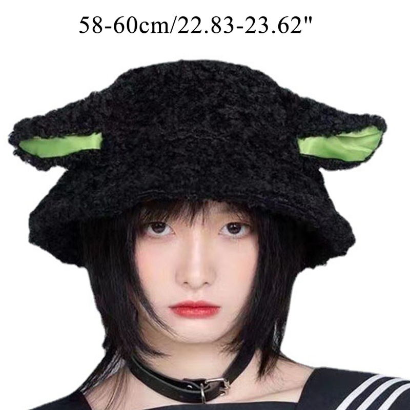 Topi Bucket Desain Telinga Domba Bahan Bulu Lembut Hangat Untuk Kostum Cosplay