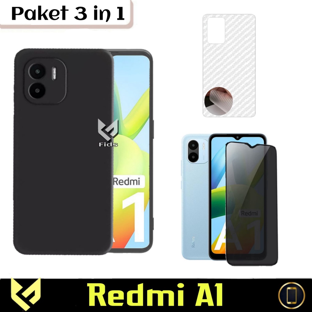 Paket 3 in 1 Case REDMI A1 2022 / REDMI A2 Softcase Black Matte + Tempered Glass Free Garskin Carbon REDMI A1 2022